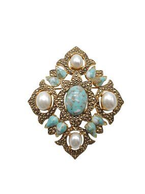 Vintage Sarah Coventry 1968 Remembrance Faux Turquoise Pearl Pendant Brooch Pin